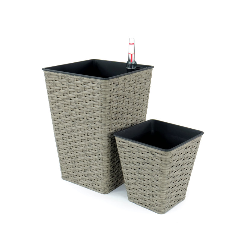 2-Pack Smart Self-Watering Square Planter For Indoor And Outdoor - Hand Woven Wicker, Gray