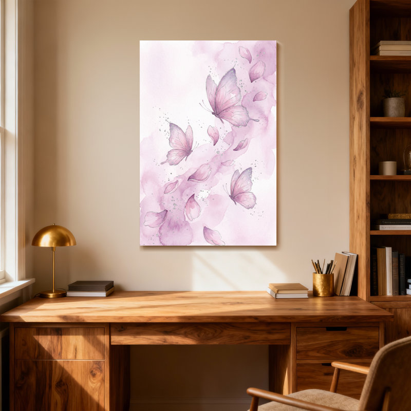 Plantes et fleurs, papillons et pétales roses, art à l'aquarelle, H 30 po x l 20 po
