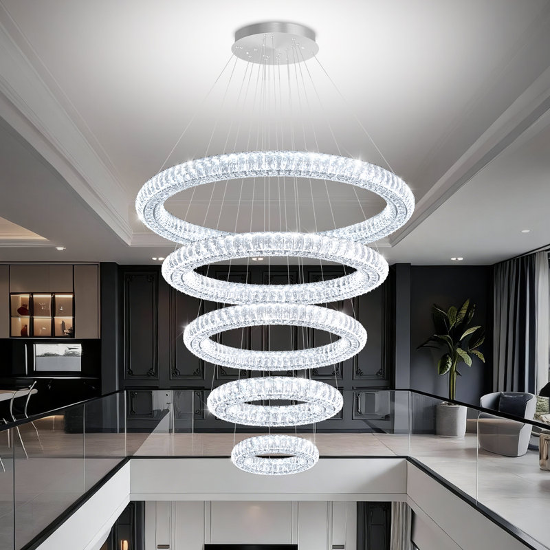 D40''x H150'' 5 Ring Crystal Chandelier Sliver Spiral Chandelier Led Dimmable 2700k-6000k
