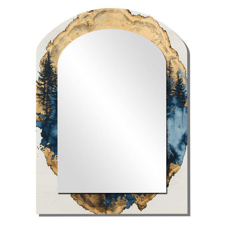 Golden Wolf In Blue Forest Landscape II - grand miroir mural arqué sur métal, 34 po x 25 po