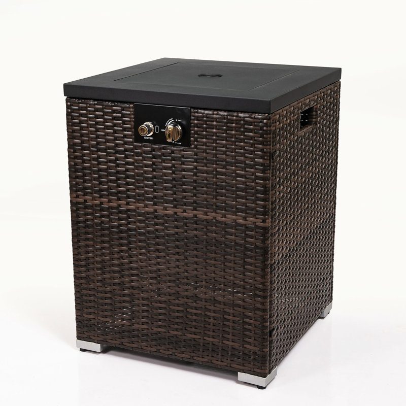 Garden Fire Pit With Windshield, Pe , Burner, Rain Cover & Igniter 40000Btu Column, Steel Tabletop Lid, Glass Wind Guard, And Included Rocks