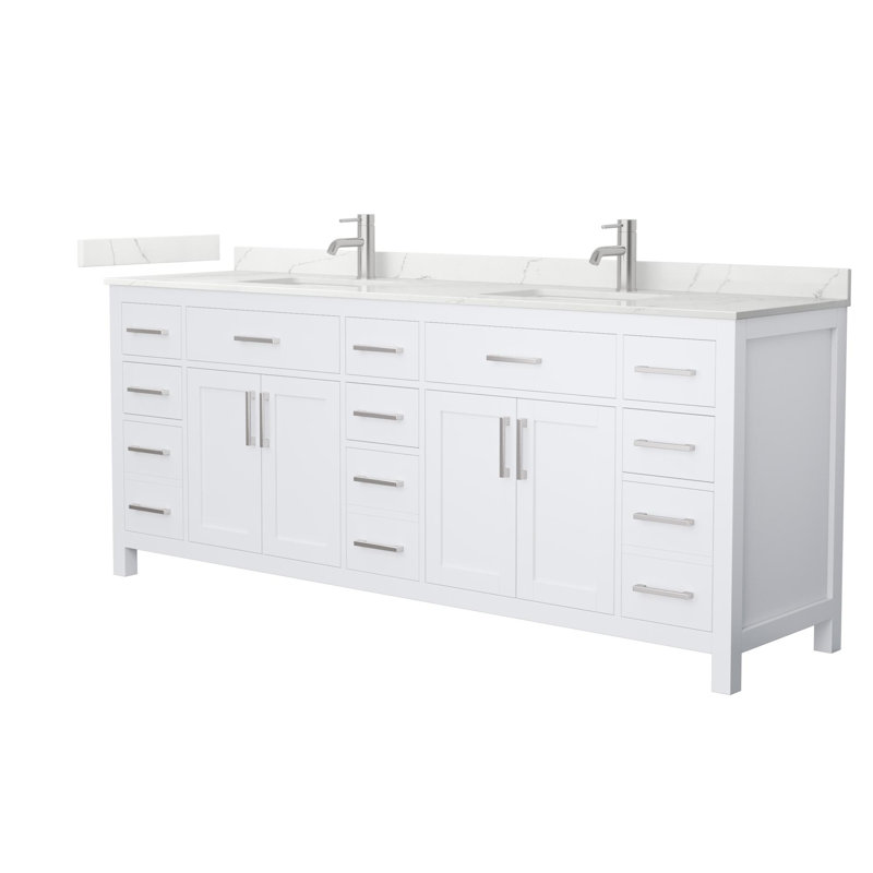 Beckett 84" Freestanding Double Bathroom Vanity with Quartz Top, White, Brushed Nickel, Giotto Quartz