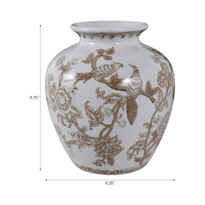 Decorative Ceramic Chinoiserie Flower Vase For Home Decor - Contemporary Tall Table Vase For Living Room Or Dining Room Decor - 10", White & Brown