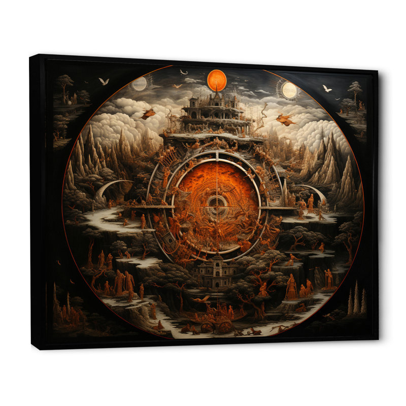 «Orange orange beige bouddhism roue de la vie», reproduction sur toile, H 34 po x l 44 po x P 1,5 po, Cadre flottant noir