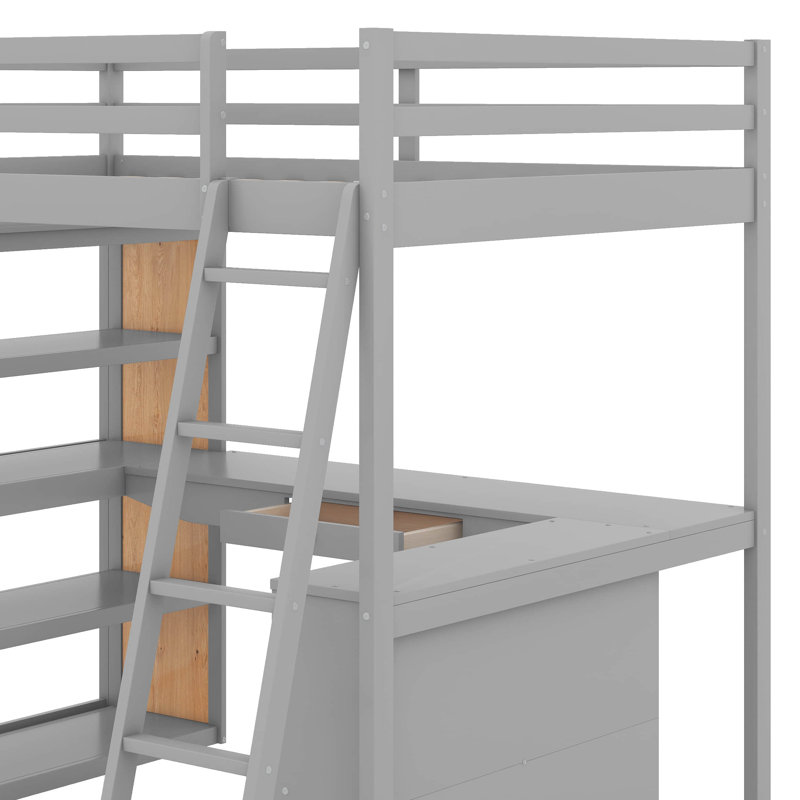 Lit mezzanine avec tablettes et bureau, Gris, Double