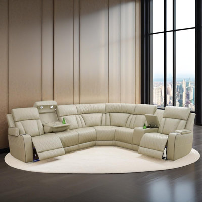 Luma Beige Vegan Leather Sectioanal Living Room Sofa Set With Cup-Holders ,Wireless Charging And LED Lights