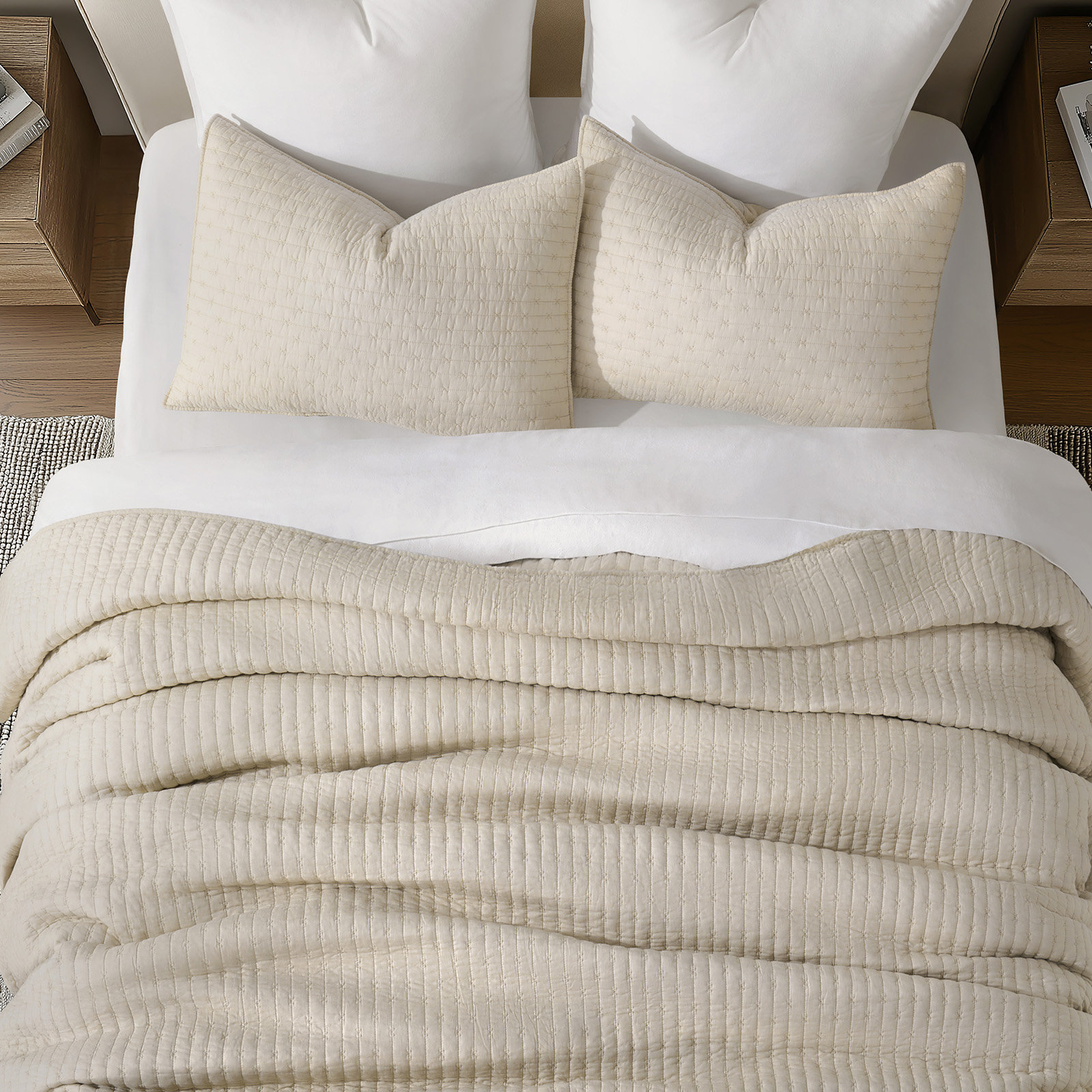 Cross Stitch Cotton Quilt set, Flax Beige, Oversized CalKing Quilt + 2 Cal King Shams