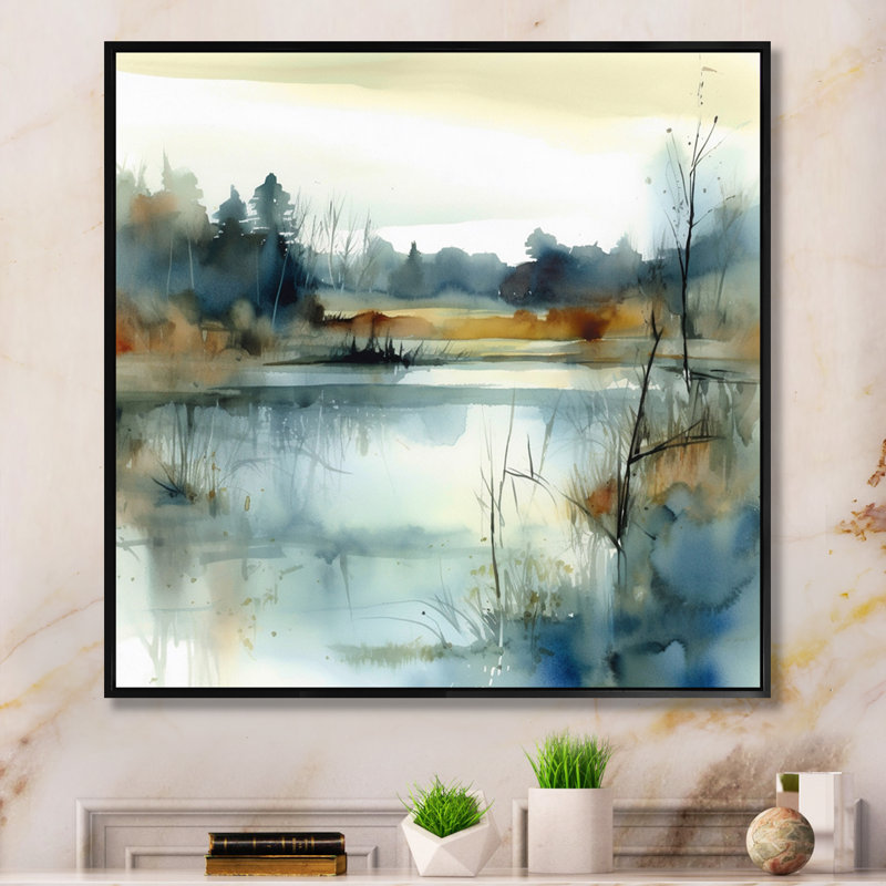 Illustration d'un paysage de lac d'été II, Noir, H 24 po x l 24 po, Reproduction avec cadre flottant