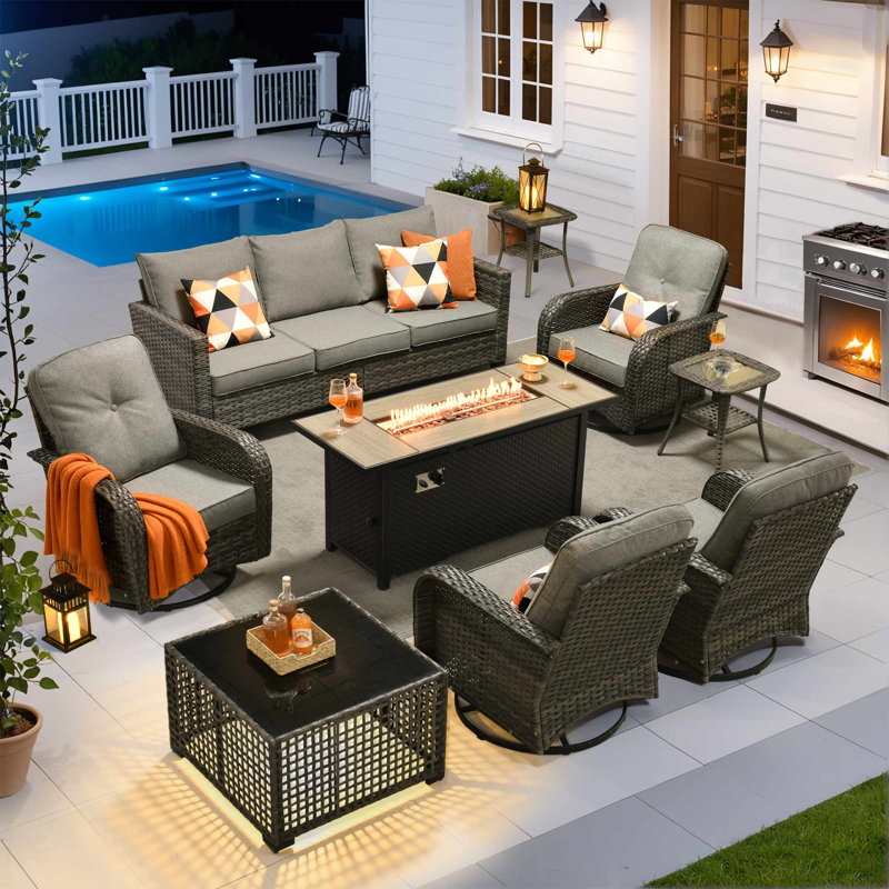 Ensemble de conversation de patio pour 7 personnes avec chaises pivotantes et coussins Allcot, Gris foncé