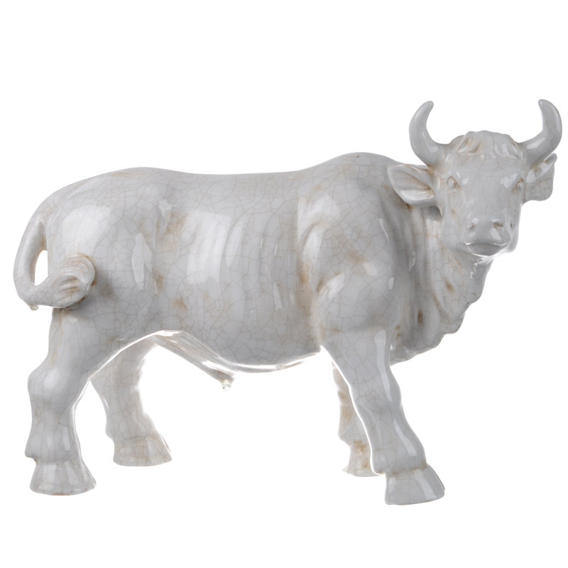 17” x 12” White Ceramic Cow Sculpture with Crackle Glaze, Decorative Farmhouse Animal Figurine for Mantel, Tabletop, Bookshelf, or Desk 