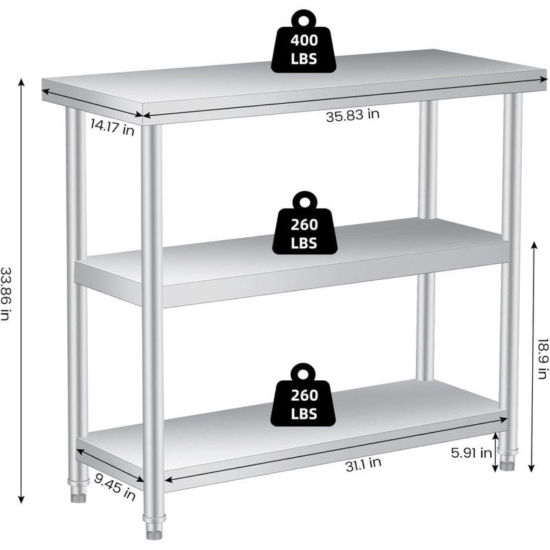 Stainless Steel Top Workbench Top, 86cm H x 91cm W x 35.6cm D