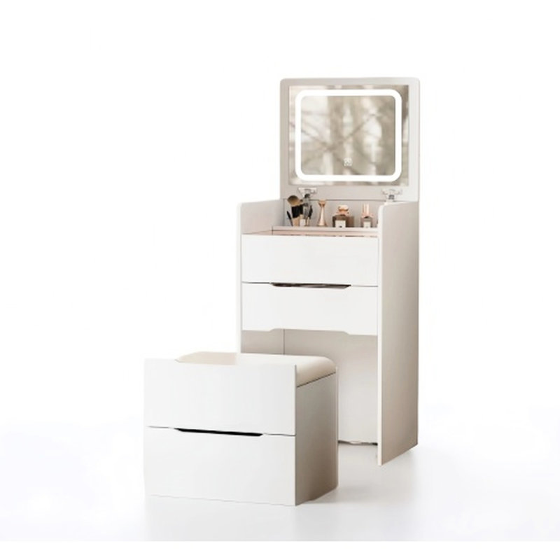 Small Make Up Vanity With Cushioned Seat And Glass Desktop, White Bedroom Dressing Table, Functional Beauty Desk Versatile Mirror Drawer Storage, Furniture, Multi-Functional