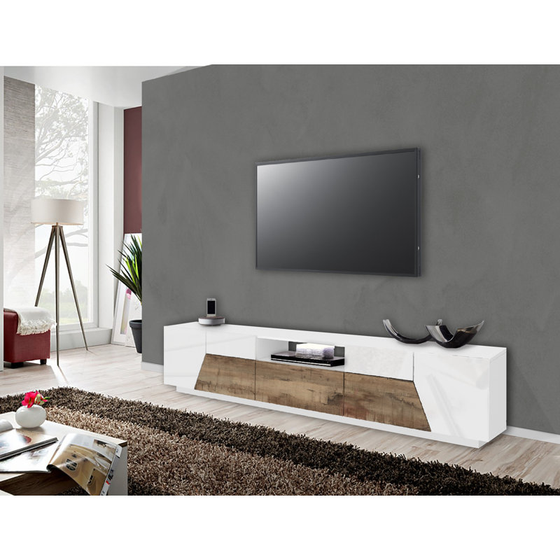 Weisend TV Stand for TVs up to 88", Glossy White/Maple Pereira