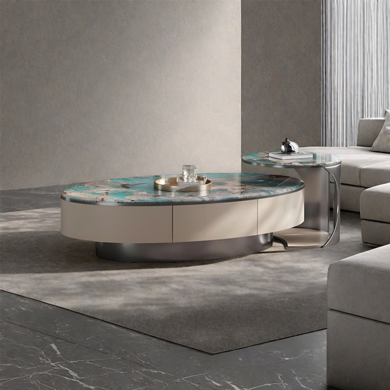 Light luxury oval marble coffee table, 15.7" H x 39.4" W x 23.6" D, Dark Gray