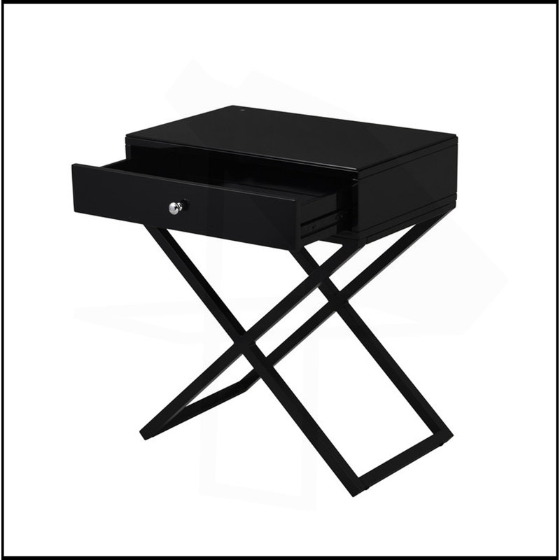 23" Wooden End Side Table Nightstand With Top, Drawer And Cross Base, Black