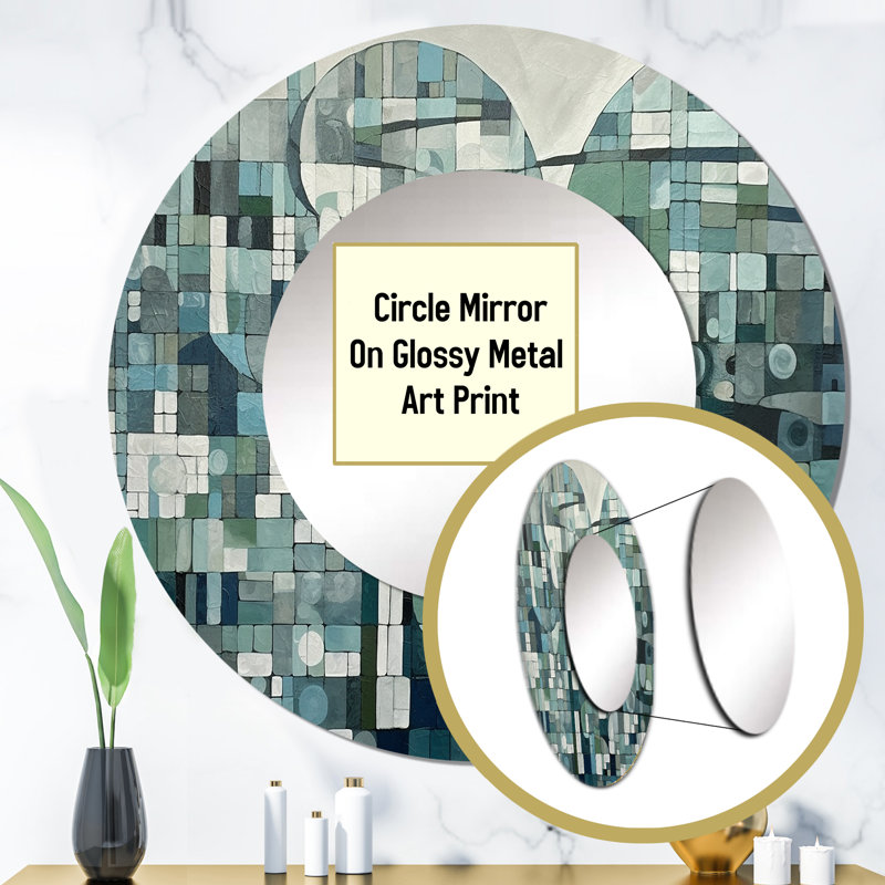 Radmila Blue And Green Bohemian Medley - Boho Mosaic Large Mirror, Modern Round Unique Wall Mirror Decor, Printed Metal Art