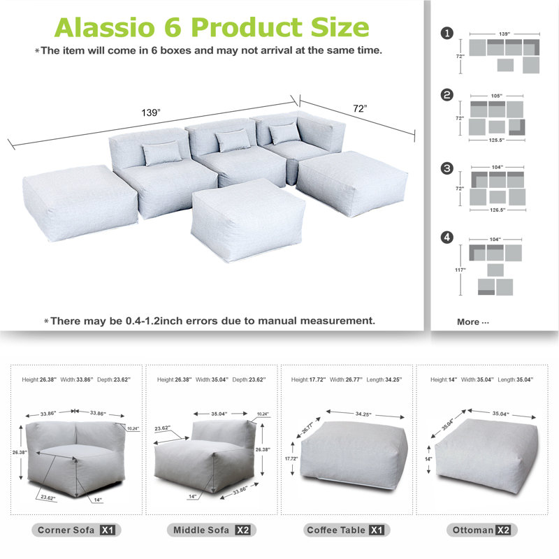 outdoor 3 piece outdoor modular bean bag sofa set, water repellent olefin fabric patio furniture for small backyard