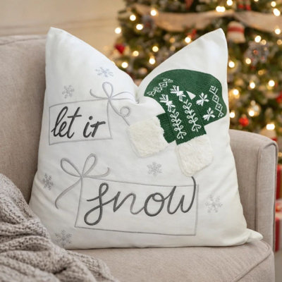 Coussin décoratif de Noël, motif de chapeau tricoté vert Let It Snow, carré 20 pouces