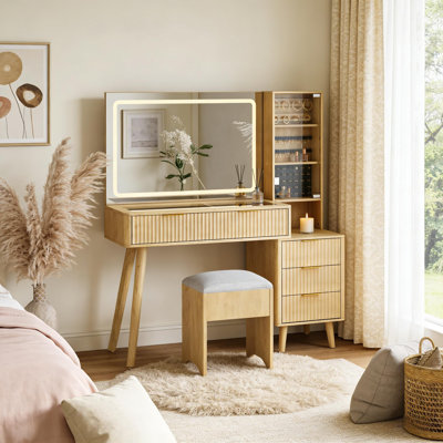 Coiffeuse de maquillage avec miroir lumineux, tabouret et station de charge pour la chambre à coucher