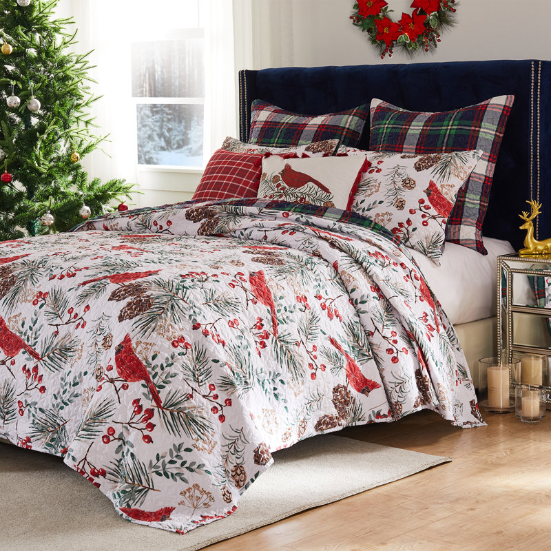 Greenland Home Fashions Cardinal Plaid Red 3-Piece King Size Quilt Set, 105x95 Inch, King Quilt + 2 King Shams