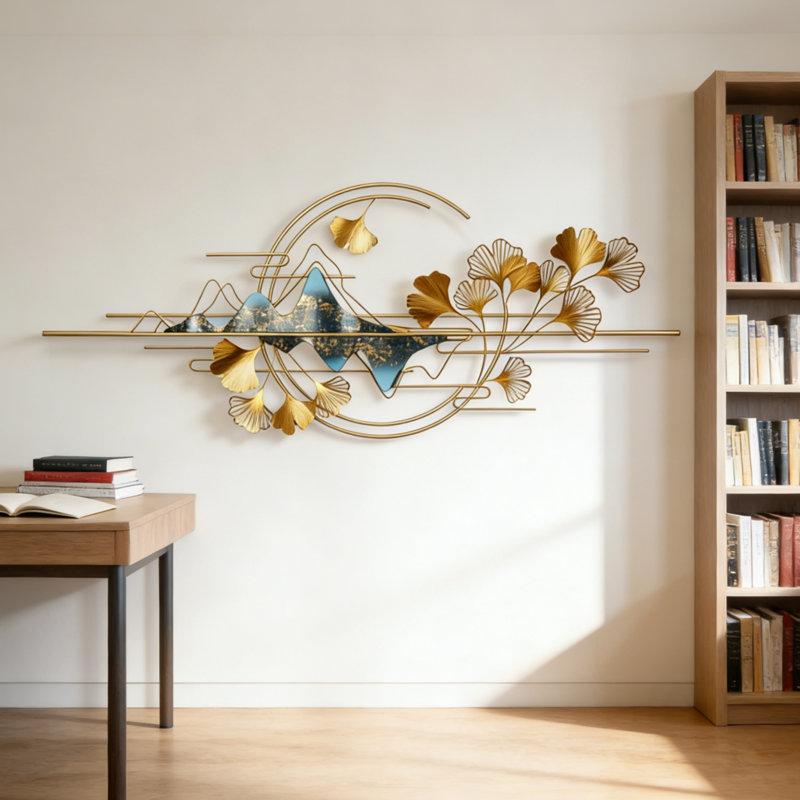 3d Gold Metal Ginkgo Leaf Wall Art, 25" H x 71" W x 3" D