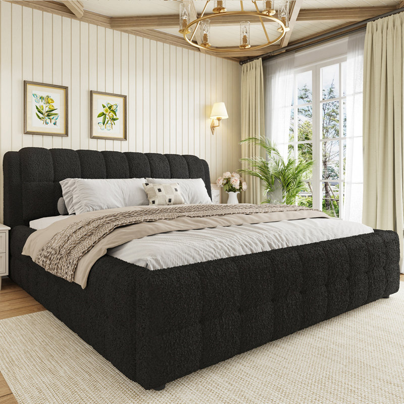 Très grand lit plateforme tapissier, noir, Black