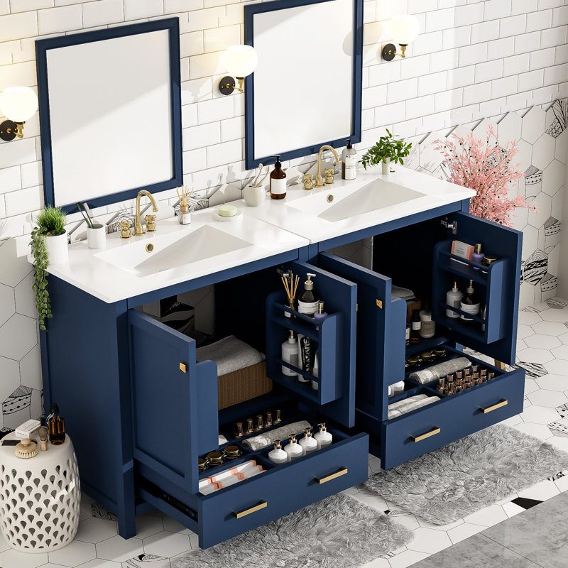 Meuble-lavabo bleu 60 po avec meuble-lavabo double et armoire spacieuse