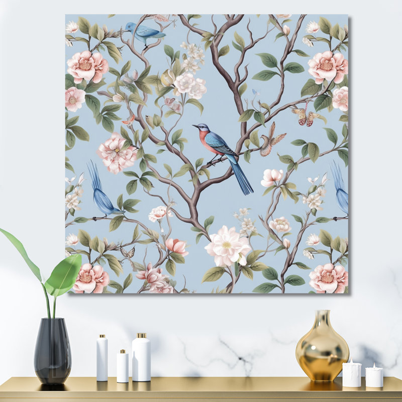 Chinoiserie avec oiseaux et pivoines - Art mural floral, H 16 po x l 16 po x P 1 po, Toile tendue