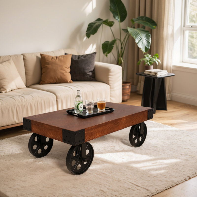 Black Cart Coffee Table, Vintage Center Table With Wheels For Living Room, Rectangular, Metal Frame And Wood Top, Farmhouse, 39.37 Inches, Rustic Black/Brown