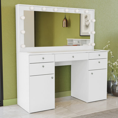 Boahaus Kiana Extra-Large Lighted Makeup Vanity Desk, Big Mirror with Light Bulbs Built-in, USB- C / USB Outlet, 5 Drawers, 2 Doors, Glam Glass Top -  Boahaus LLC, 1644-23-6105-12B-6204-07