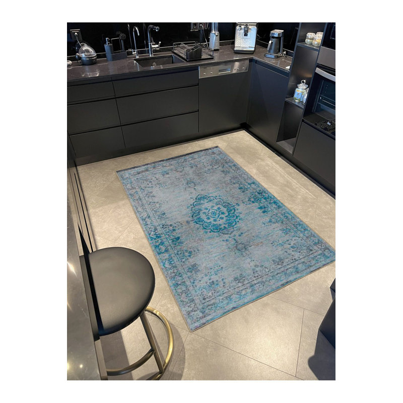 Tapis décoratif bleu lavable traditionnel, Tapis de couloir 2 pi 6 po x 6 pi 7 po inclus