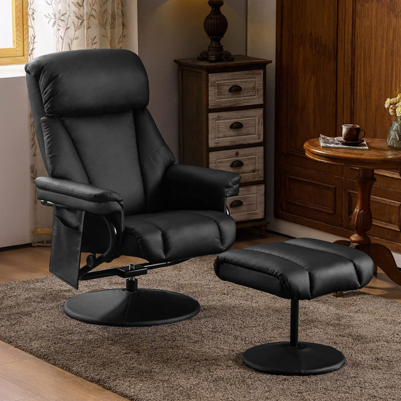 Dereion 2 Set Swivel Recliner with Ottoman, Reclining Chair with Massage, Faux Leather Lounge Chairs, Black Faux Leather