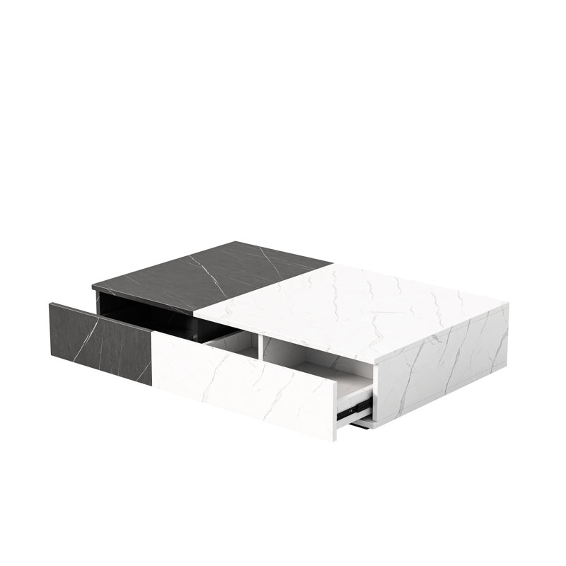 Rectangular Coffee Table With Marble Finish And Two Functional Storage Compartments Spaces In A Modern Design, Gray/White