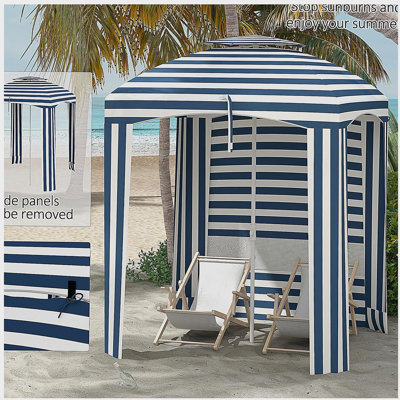 Outsunny 5.8' x 5.8' Portable Beach Umbrella with Double-Top, Ruffled Outdoor Cabana with Walls, Vents, Sandbags, Carry Bag, Blue Stripe
