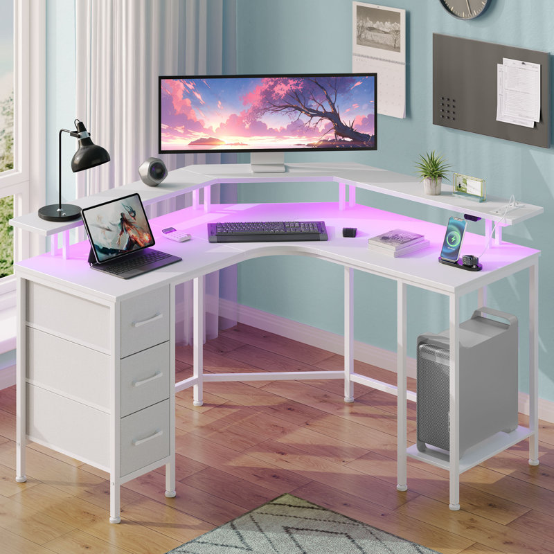 L Shaped Desk with LED Lights & Power Outlets, Computer Desk with Full Monitor Shelf, White