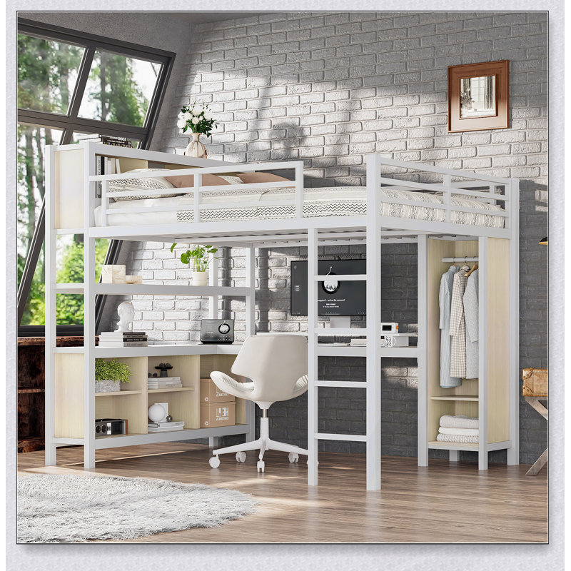 Lit mezzanine en métal avec garde-robe, bureau en forme de L et cubes de rangement pour une utilisation multifonctionnelle, idéal pour les enfants, les adolescents et les adultes