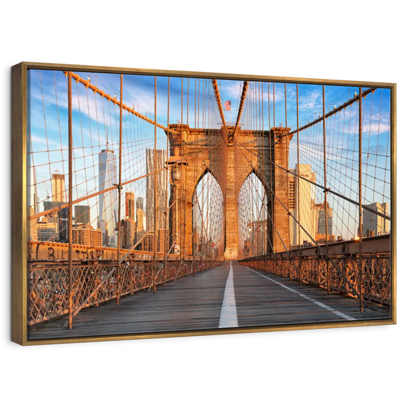 Brooklyn Bridge Pedestrian Walkway, Floating Frame Gold, 37" X 25"