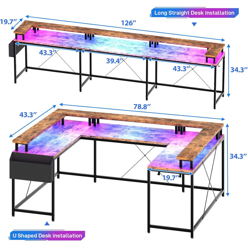 U Shaped Desk, Gaming Desk With Monitor Stand And LED Lights, Reversible Shaped Large Computer Desk With Power Outlets, Office Desk With Storage Bag And Hooks