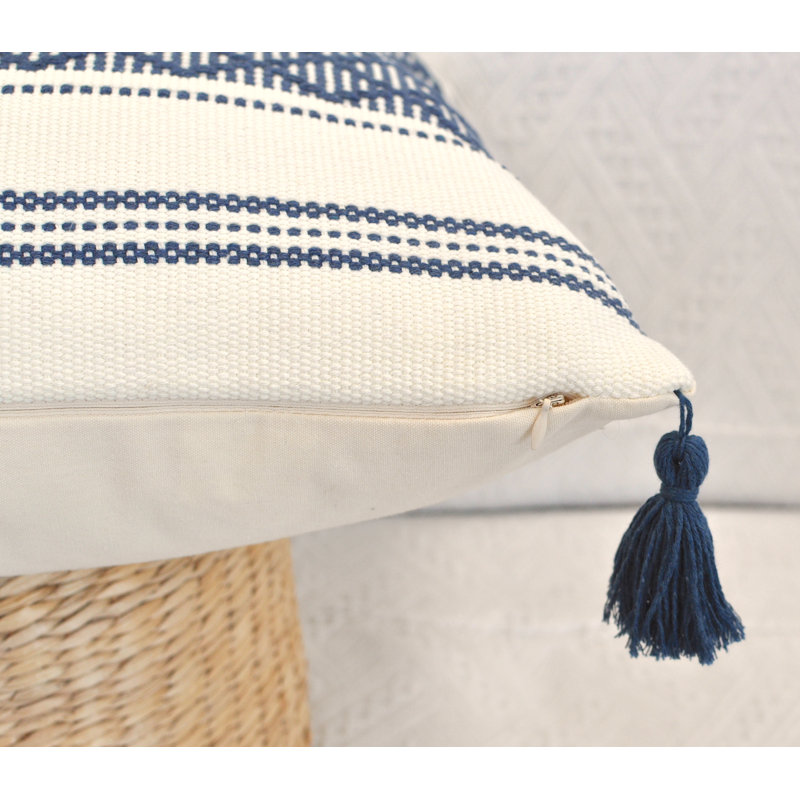  Boho Lumbar Pillow Covers With Tassels, Outdoor/ Indoor Cotton Woven Rectangular Pillowcases, Cream/Blue