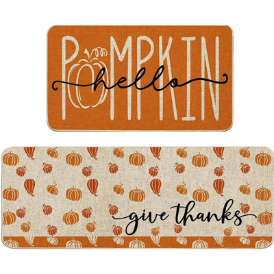 2-Piece Fall Pumpkin Kitchen Rug Set – Farmhouse Non-Slip Mats, 17x29 & 17x47 In.