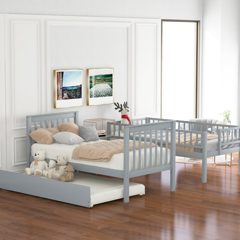 Lit simple superposé avec lit gigogne et rangement, finition grise, lattes de bois pour supporter le matelas