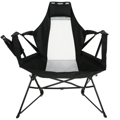 Portable Folding Camping Chair, Adjustable Back Recliner With Construction And Comfortable Seat, For Outdoor Garden, Black Rocking Chair Strong Structure Pillow, Camping, Patio,