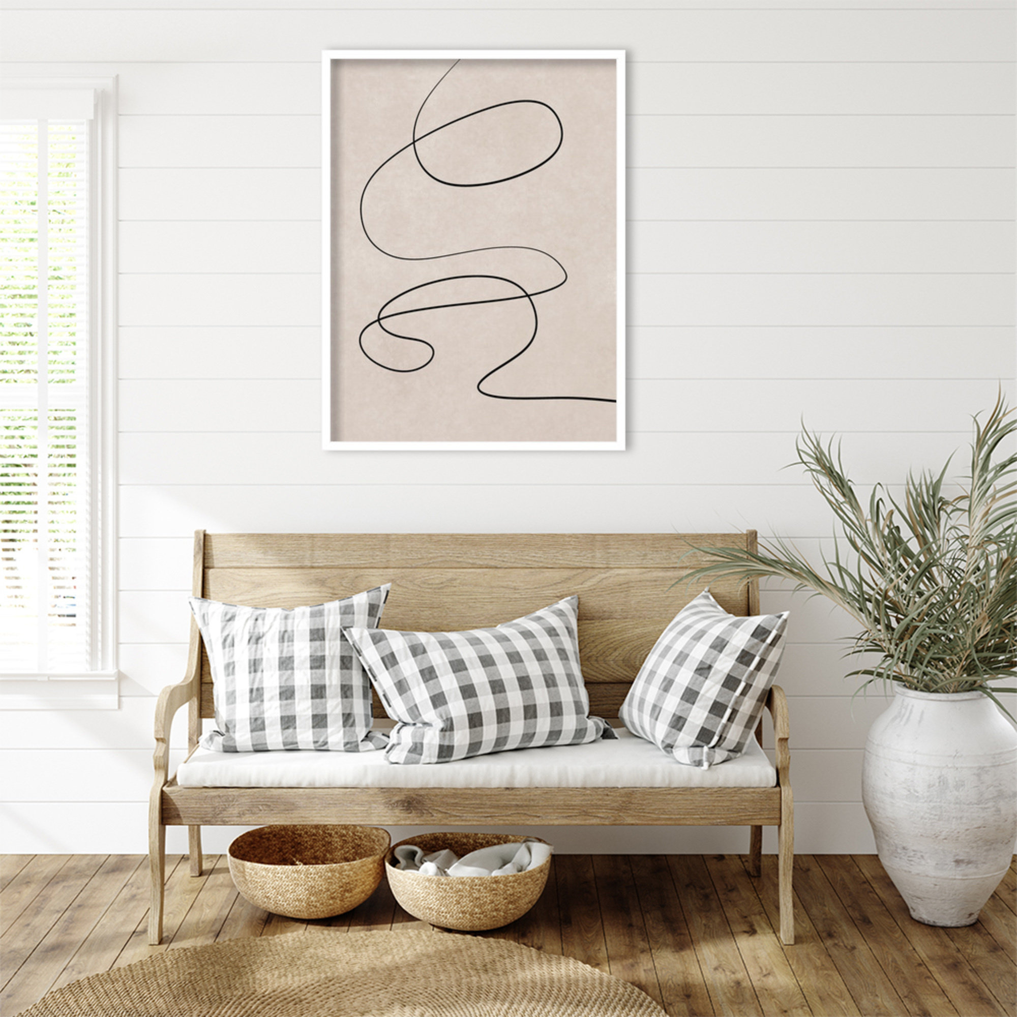 Black Line and Textured Beige Background by Little Dean Wood Framed Wall Art Print, 33" H x 25" W, White