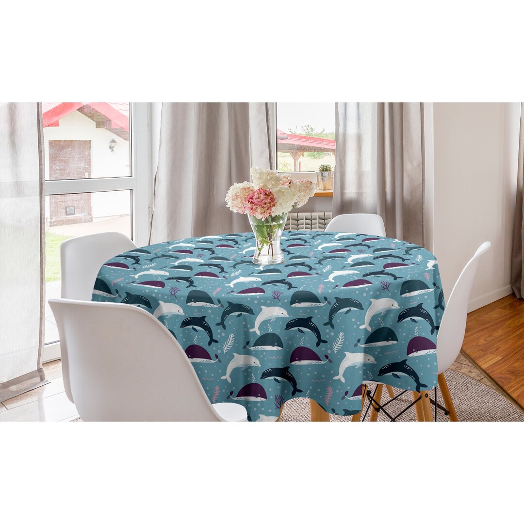 Runde Tischdecke, Cartoon-Wal und Delphin, Nautisch, Sea Blue Mehrfarbig