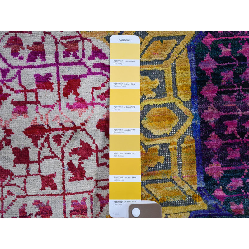Tapis de Tapis décoratif couloir de conception unique jaune/mauve/Rose 3 pi 2 po x 17 pi 5 po noué à la main New Age mamluk