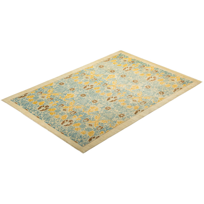 Ivory and Blue Hand-Knotted Wool Damask Area Rug