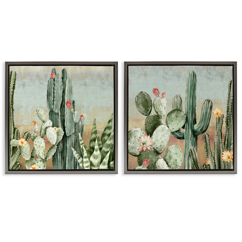 Cactus Blooms Among Thorns 2pc Floating Frame Set, design by Luna Mavis, 25" H x 25" W, Lustre Grey Floater Frame