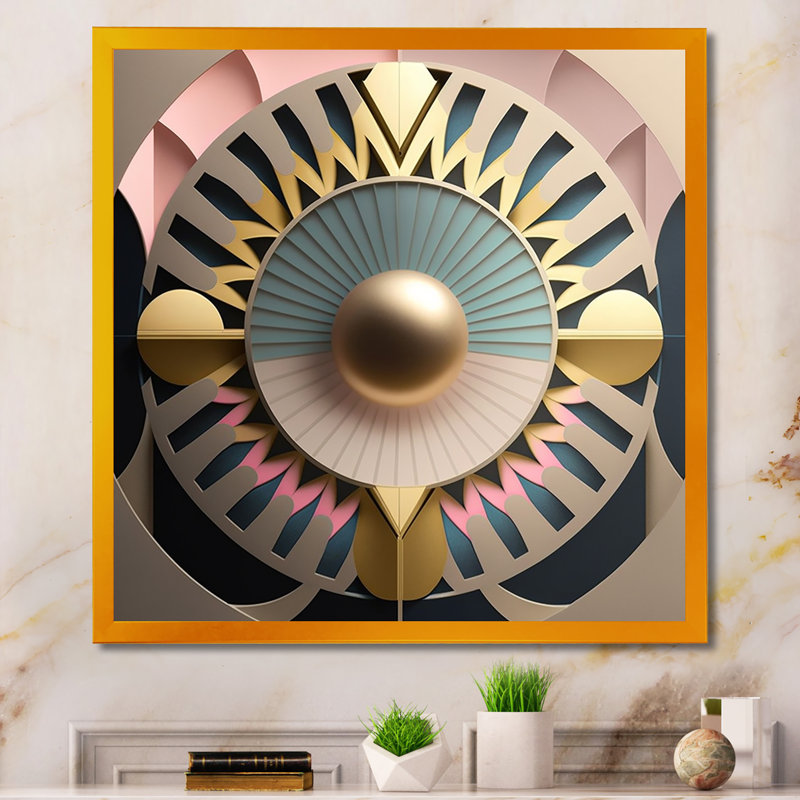 " Golden Sphere Geometrics " Print, 24" H x 24" W x 1" D, Gold Picture Framed Canvas