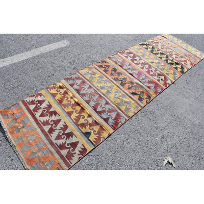 Handmade Turkish Oushak Kilim Runner Rug - Ideal for Stairways, Corridor and Kitchen Decor Yellow/Orange