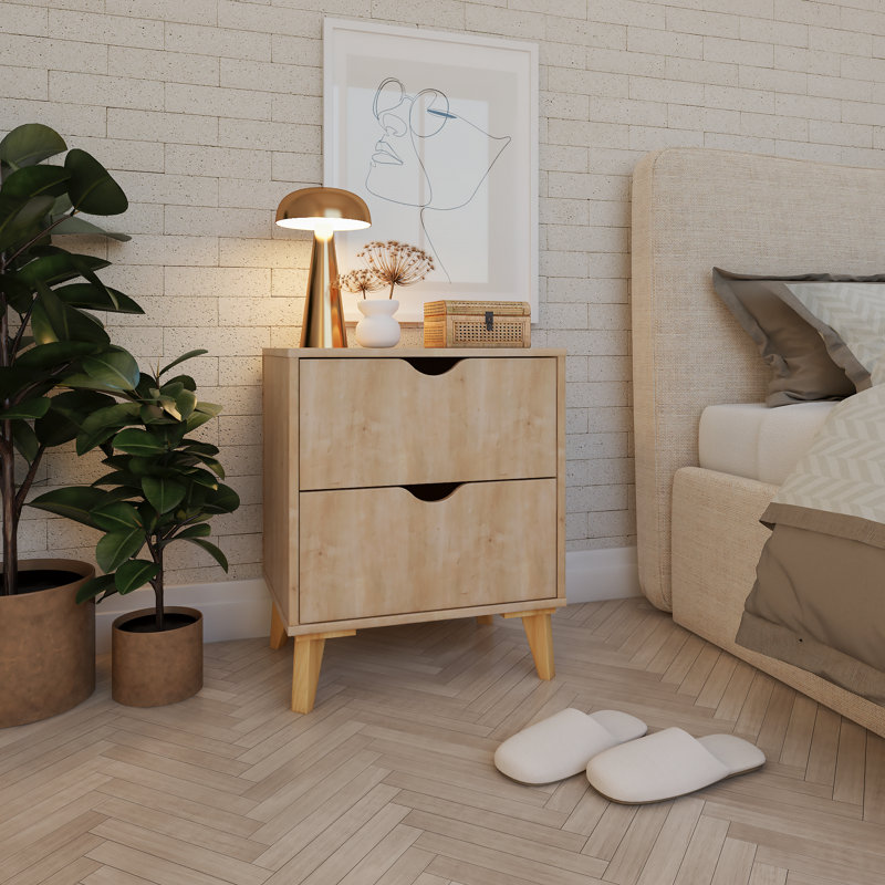 24" Two Drawer Faux Wood Nightstand, Natural Wood